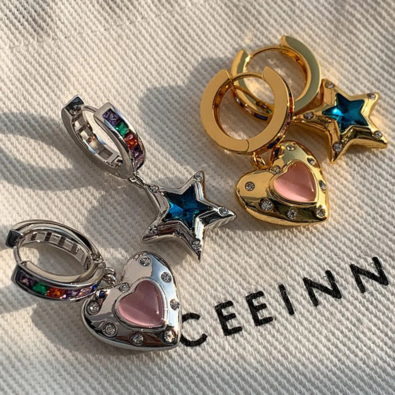 Romantic Heart Star Copper Zirconia Pendant Earrings for Women Unisex Jewelry