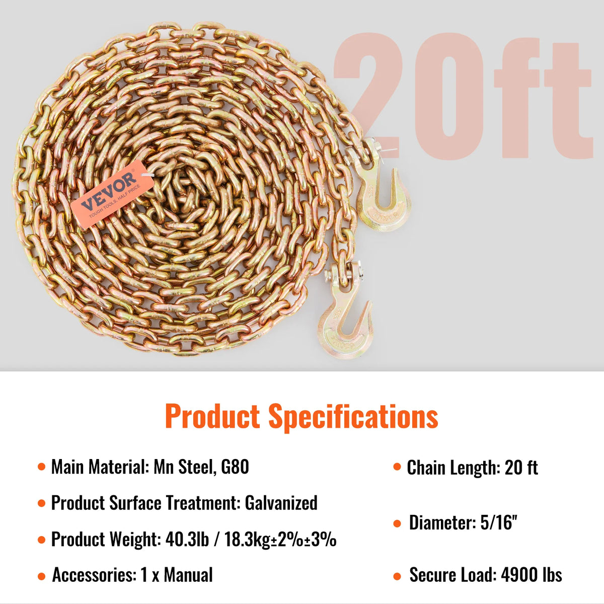 Heavy Duty Zinc Plated Binder Chain with Hooks - Transport & Tie Down