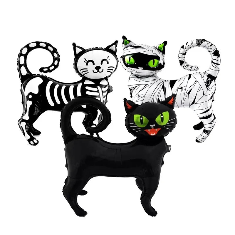 Halloween Black Cat Balloon Decoration with 4D Cartoon Standing Design, Green Eyes, Aluminum Foil, Binding Cloth Style