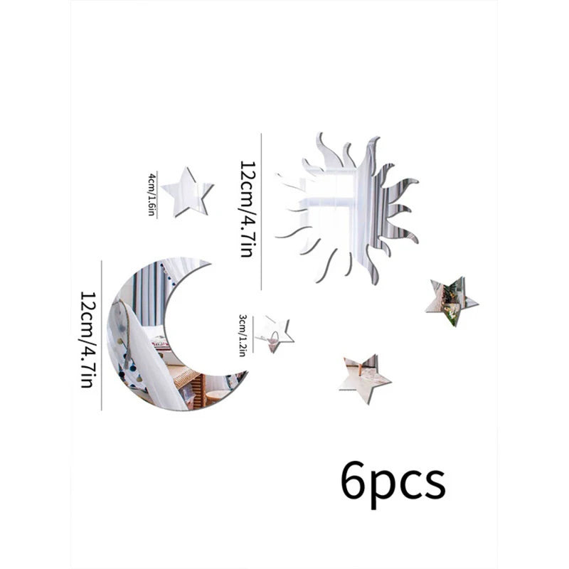 6PCS Star Moon Acrylic Mirror Wall Stickers - Self-Adhesive Decor for Bedroom & Living Room