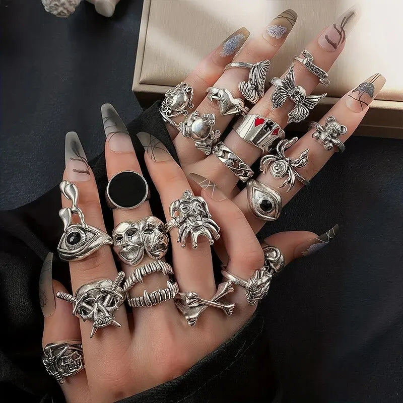 24-Piece Gothic Ring Set for Women Men Joker Devil Face Jewelry Trendy Accessories