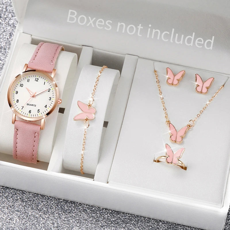 Women's Fashion Arabic Dial Leather Band Quartz Watch Set with Jewelry - Multiple Colors