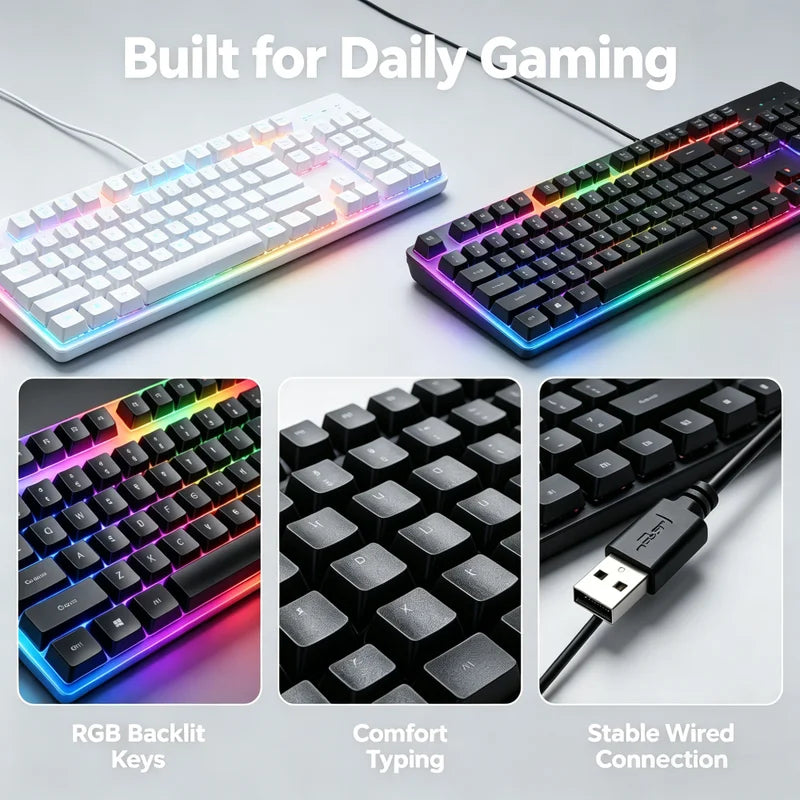 RGB Backlit Mechanical Feel Keyboard with LED Lighting for PC Gaming & Office