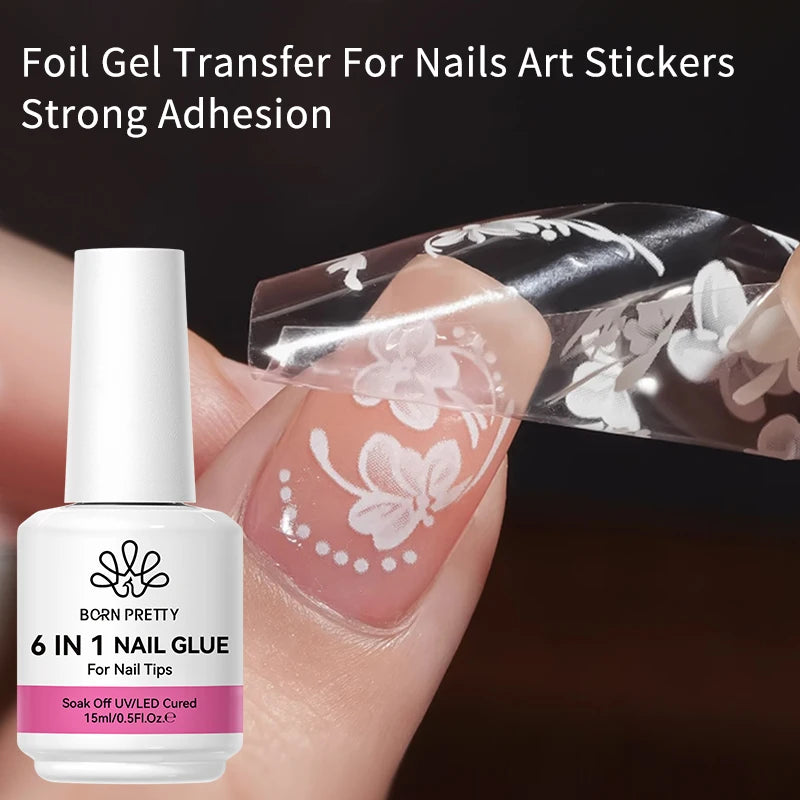 6-in-1 Nail Gel Glue Kit with Base, Top Coat & False Tips - 15ml
