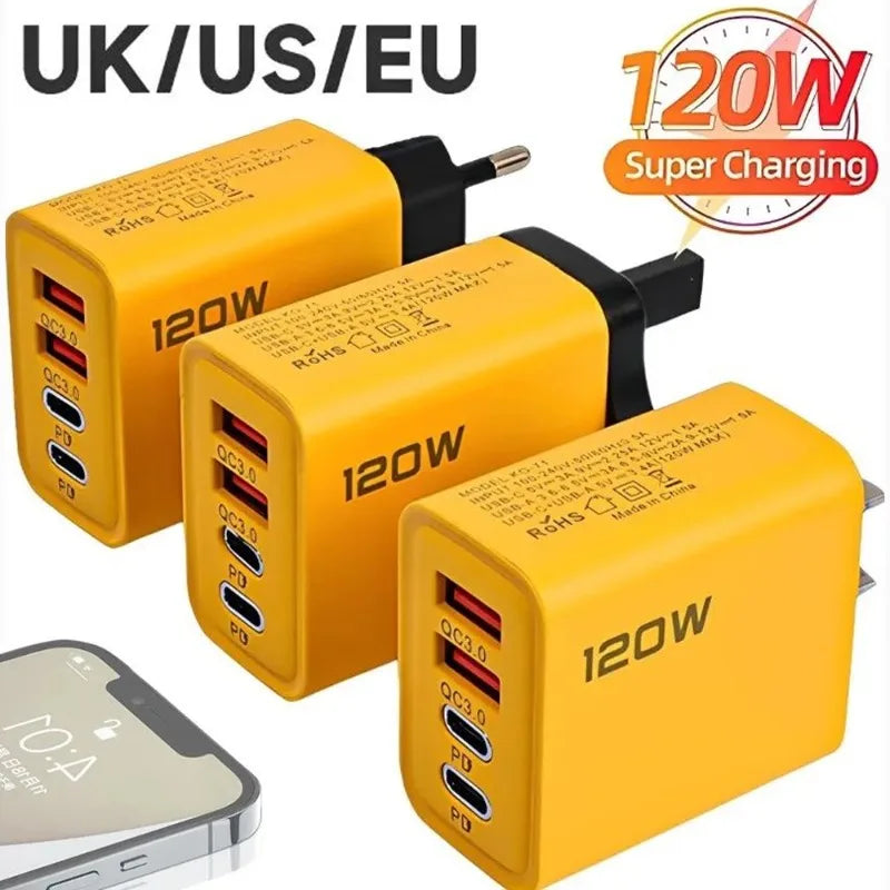 120W Fast Charging Wall Charger with 4 Ports USB-C & QC3.0 for Smartphones