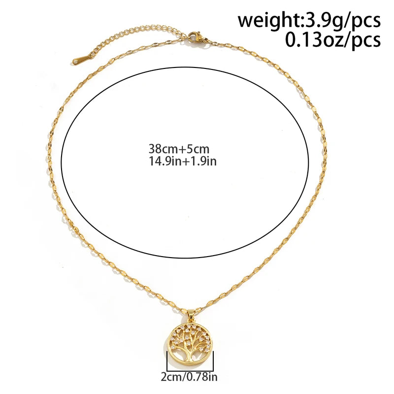 Luxury Rhinestone Tree of Life Pendant Necklace for Women Vintage Stainless Steel Jewelry