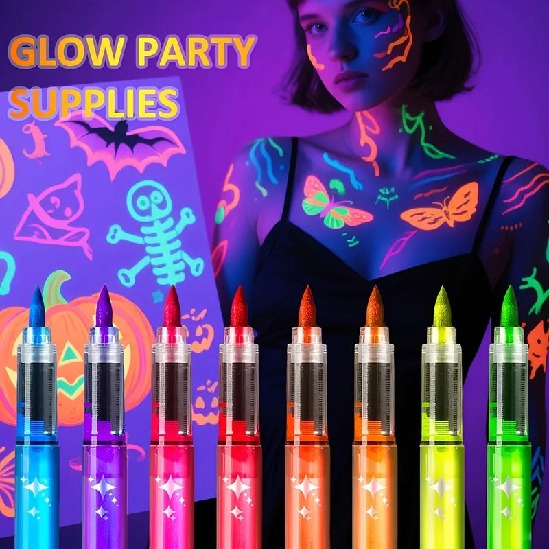 UV Neon Face & Body Paint Markers Set - Glow in The Dark Fluorescent Art Pens for Halloween Festivals and Parties