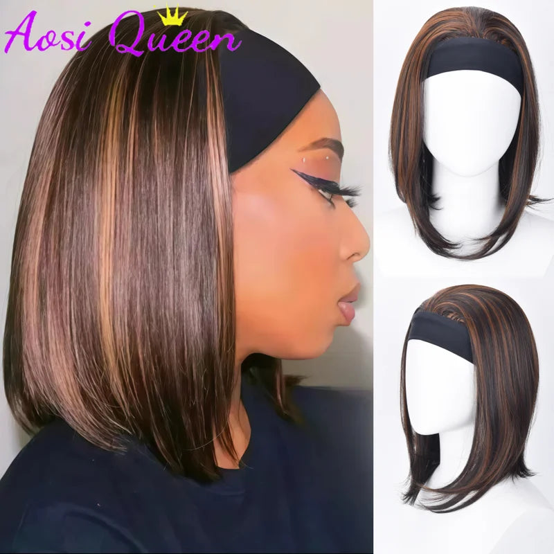 16 Inch Synthetic Headband Wig for Women - Ombre Brown Straight Bob Hair