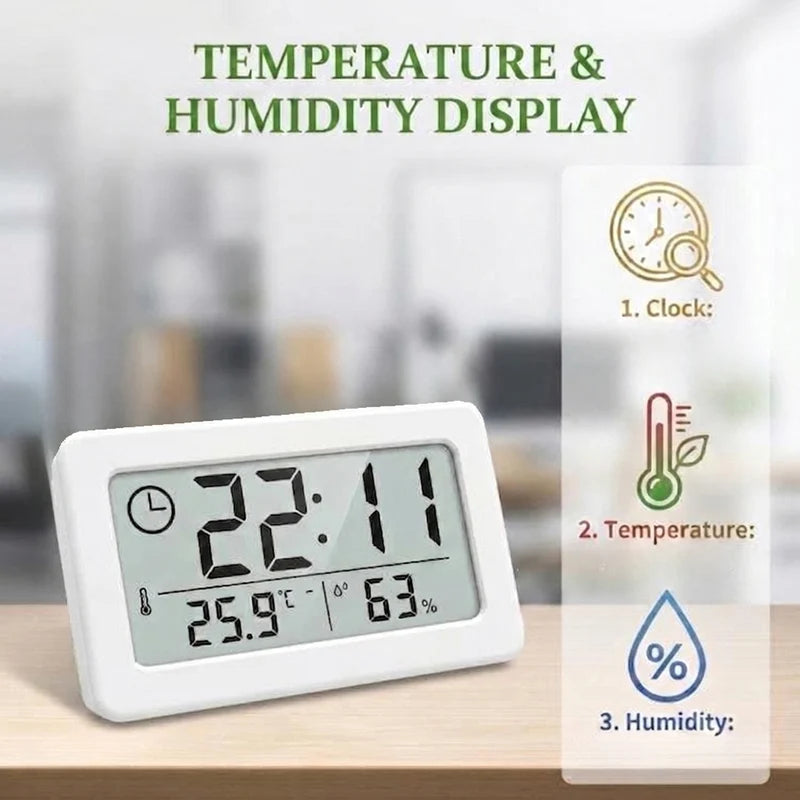 Digital Clock with Temperature and Humidity Meter - Battery Powered Indoor Environment Monitor
