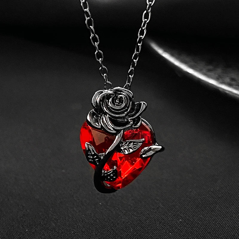 Gothic Rose Red Heart Necklace for Women Y2K Grunge Jewelry Dainty Pendant