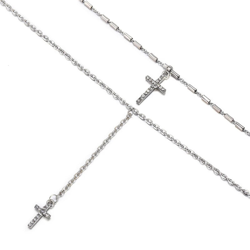 Gold-Plated Crystal Cross Necklace Pendant Double Layered Religious Jewelry