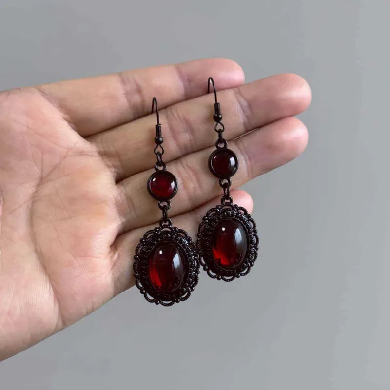 Gothic Vampire Bat Cross Earrings for Men Women Halloween Jewelry - Deep Red Glass Crystals