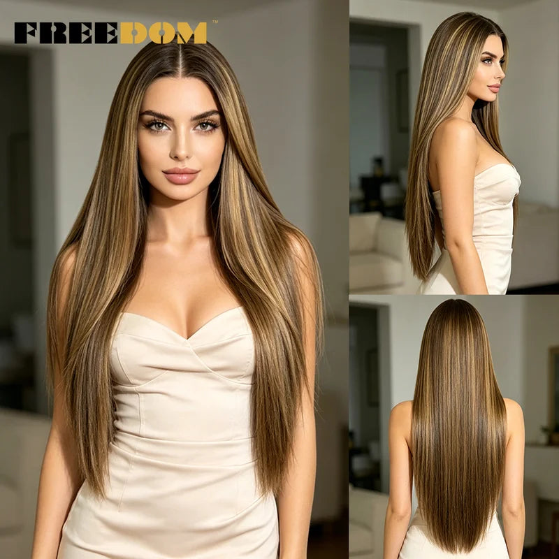 Pre-Plucked Synthetic Lace Front Wig for Black Women 30 Inch Ombre Brown Straight Hair