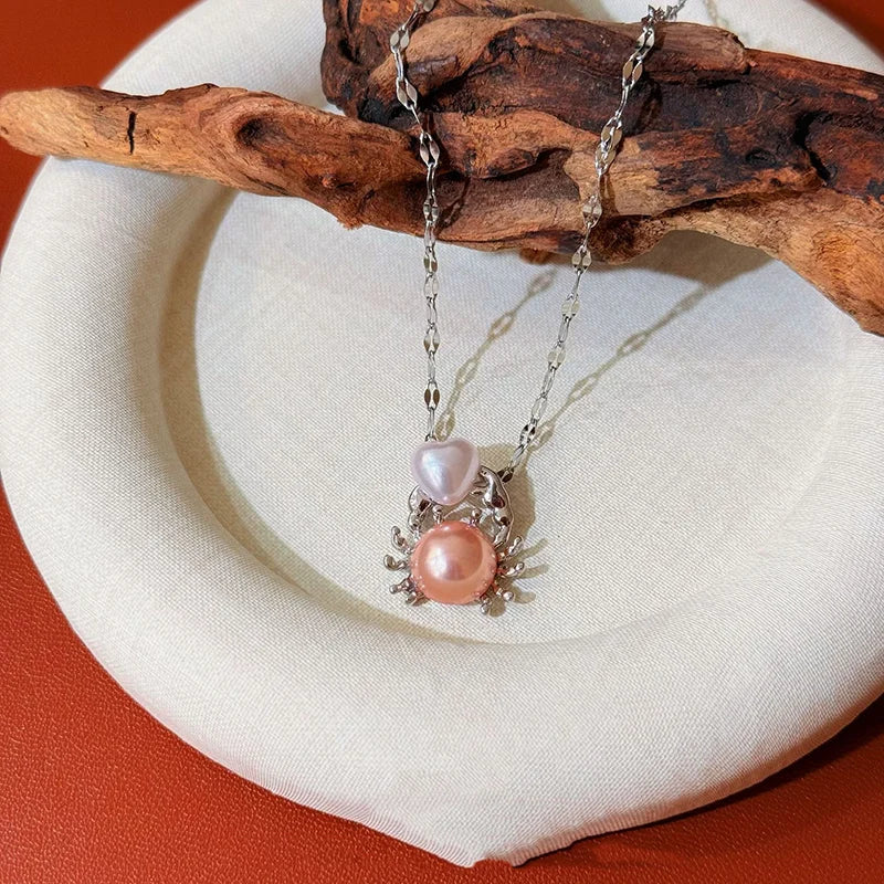 Pink Pearl Crab Shape Pendant Necklace for Women - Elegant Jewelry Gift
