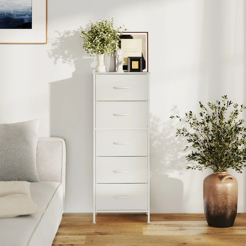 Tall Fabric Drawer Cabinet with Wooden Top - Sturdy Steel Frame Storage Organizer