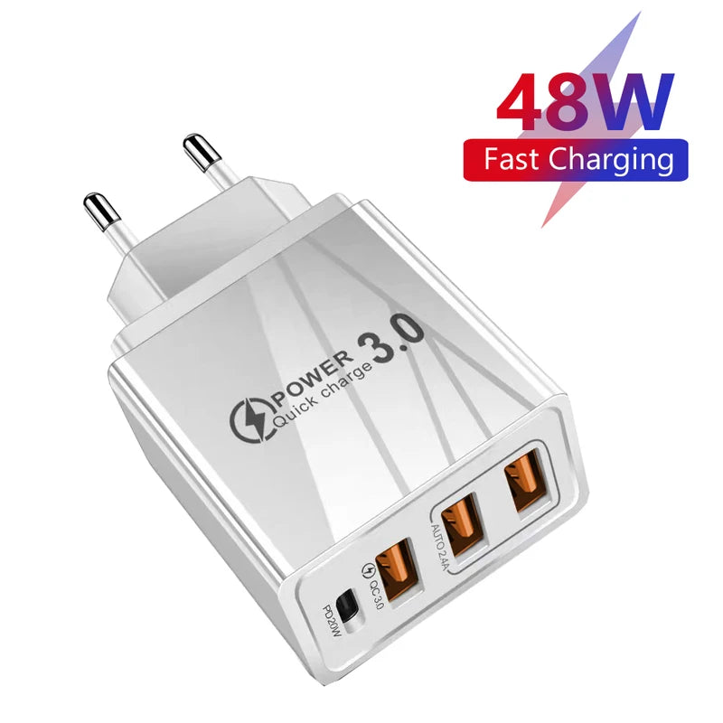 48W USB-C Fast Charger with 3 Ports for Smartphone Tablets EU/US Plug
