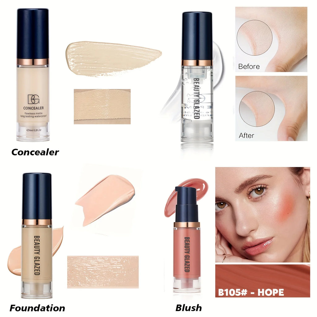 4-Piece Makeup Set Primer Concealer Liquid Foundation & Blush Waterproof Face Makeup Kit