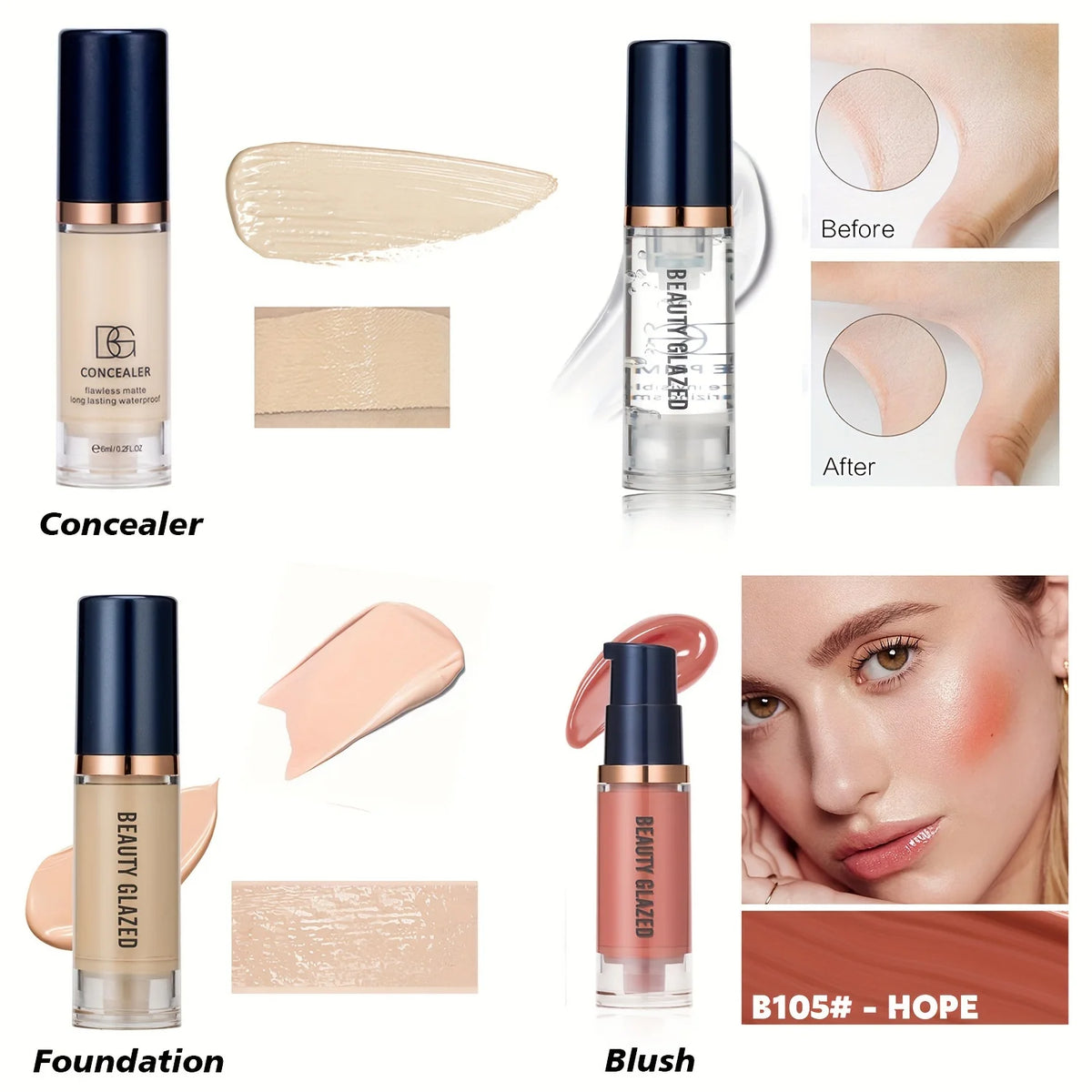 4-Piece Makeup Set Primer Concealer Liquid Foundation & Blush Waterproof Face Makeup Kit