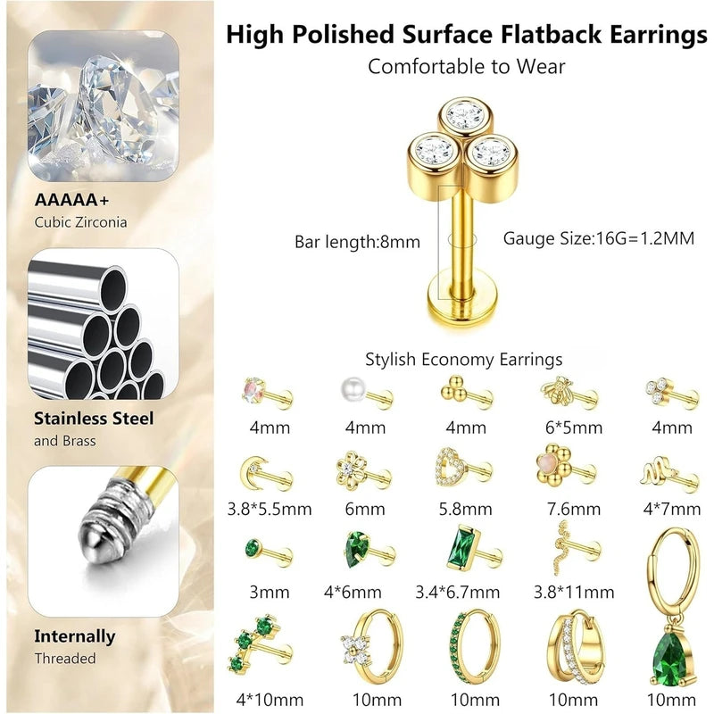 16G Flat Back Earrings for Women Stainless Steel Cartilage Stud Jewelry