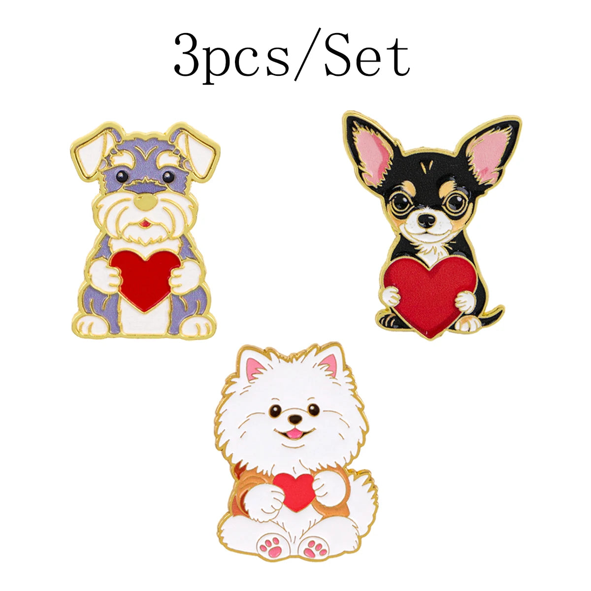 3-Pack Heart Dogs Enamel Pin Badges for Backpack and Clothing - Pet Lover Gift