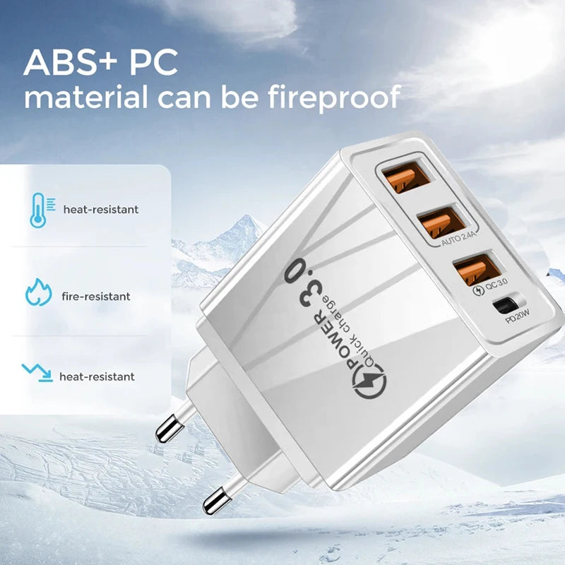 48W USB-C Fast Charger with 3 Ports for Smartphone Tablets EU/US Plug