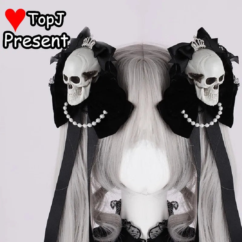 Gothic Lolita Punk Halloween Cosplay Hair Accessories Top Hat with Skull Bow Clips - Handmade