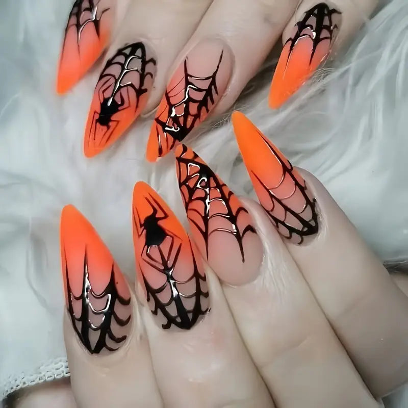 24-Pack Gothic Punk Fake Nail Tips - Spider Design, Press-On Almond Nails
