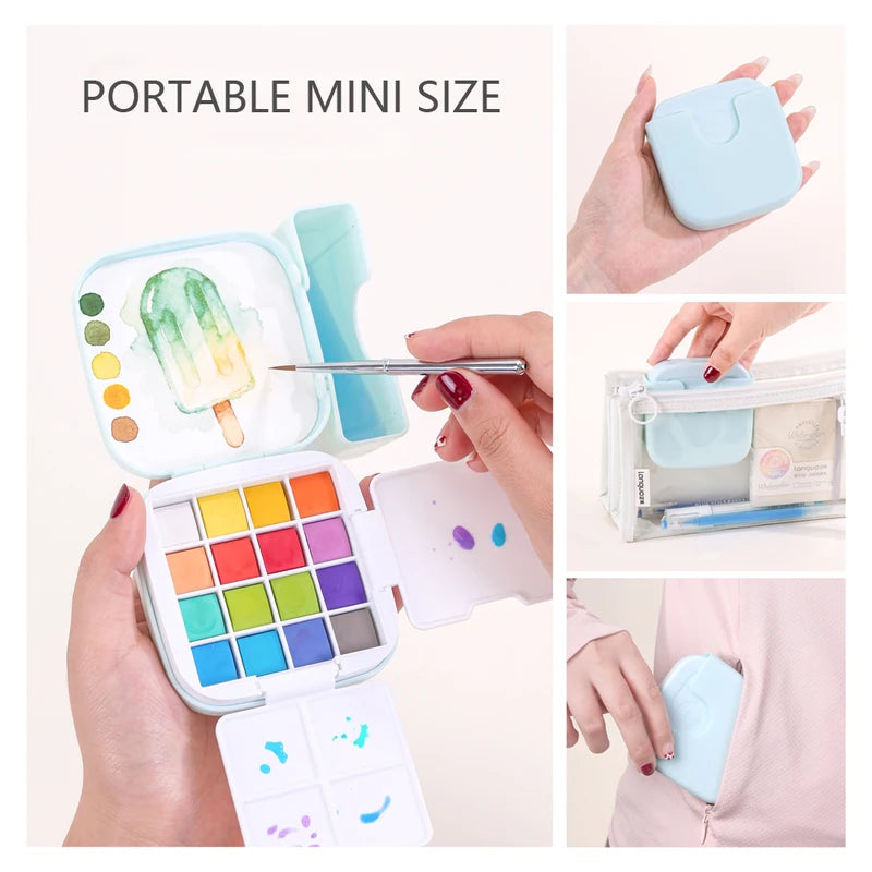 Mini Portable Watercolor Paint Set with Brush & Palette - 16 Colors for Travel Art