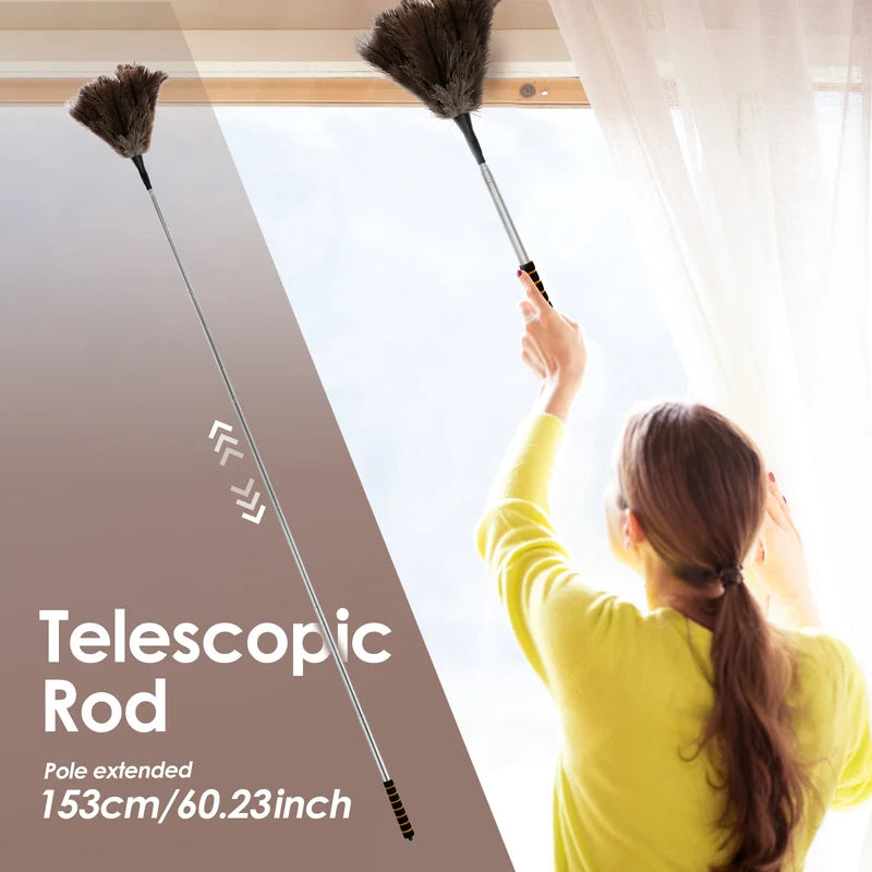 Extendable Ostrich Feather Duster for Ceiling Fans & Furniture Cleaning - Reusable Anti-Static Dusting Tool