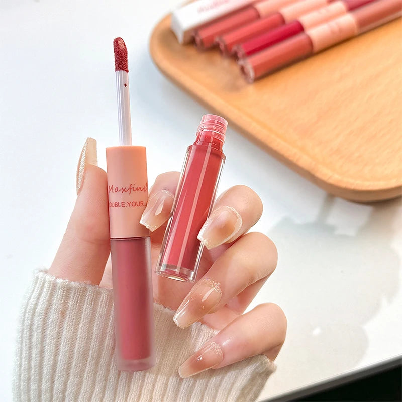 Double End Lip Gloss with Mirror & Velvet Matte Finish - Long Lasting Moisturizing Lip Makeup
