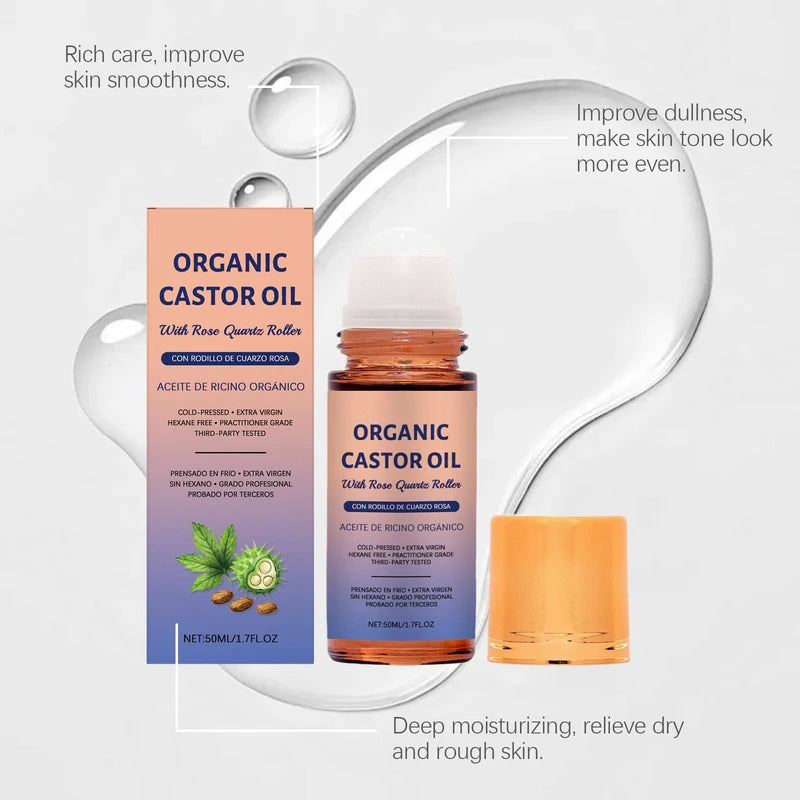 Organic Castor Oil with Rose Quartz Roller - Moisturizing Body, Face & Hair Serum 50ml
