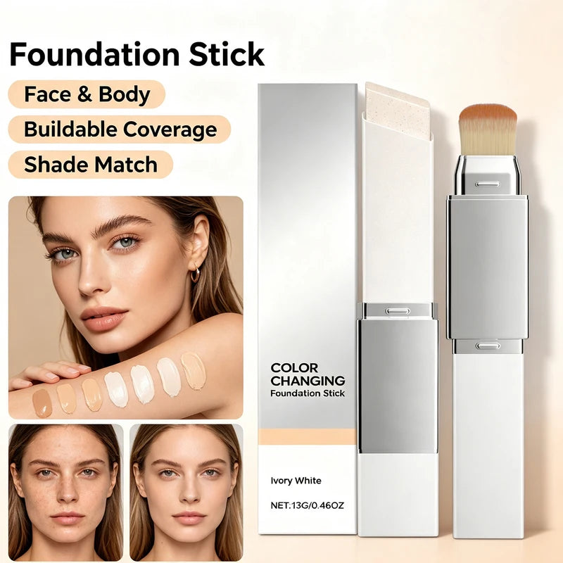 2-in-1 Color Changing Foundation Stick with Detachable Brush - Natural Matte Coverage