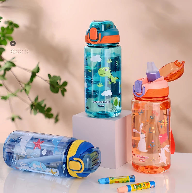 600ml Kids Water Bottle with Silicone Straw Leakproof Portable Sippy Cup for Summer