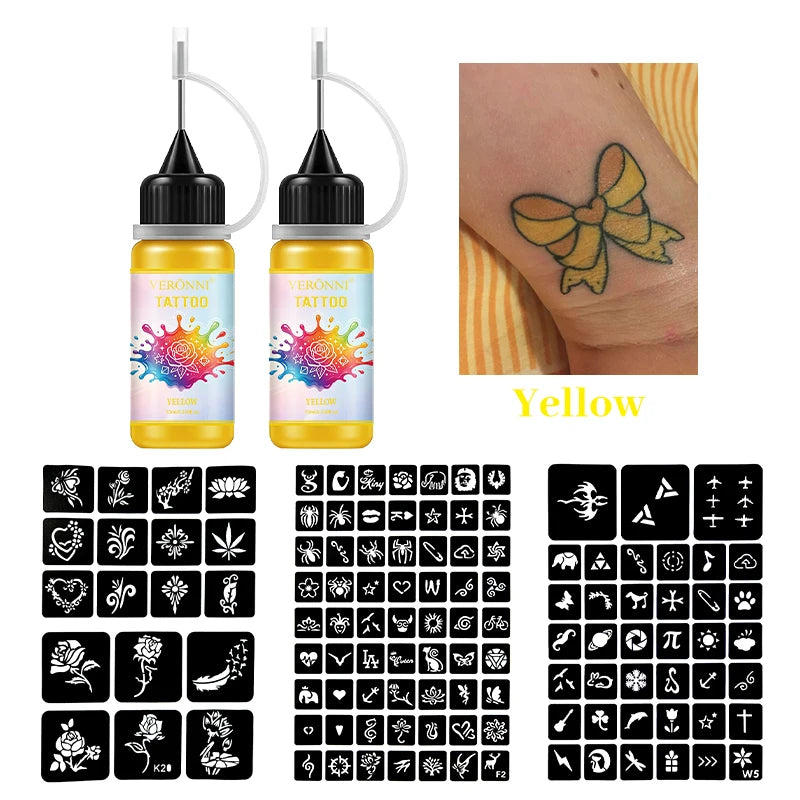 2PCS Temporary Tattoo Ink Kit with 120 Stencils - Waterproof Body Art Set