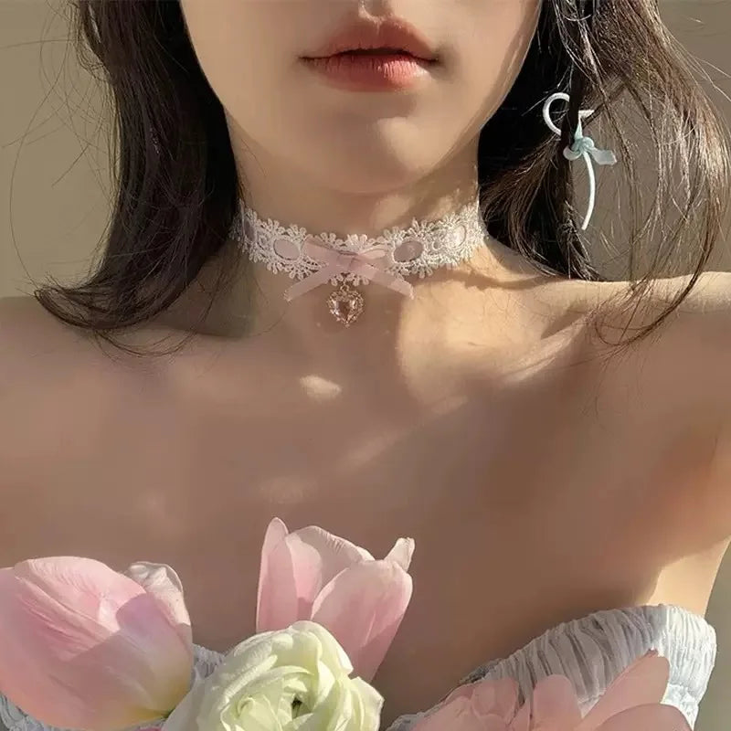 Lace Bow Necklace Heart Gem Charm Lolita Jewelry for Weddings & Parties