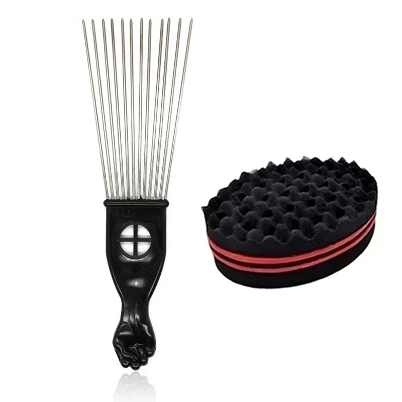 2Pcs Hair Styling Set: Long Stainless Steel Afro Pick Comb & Curling Sponge Brush