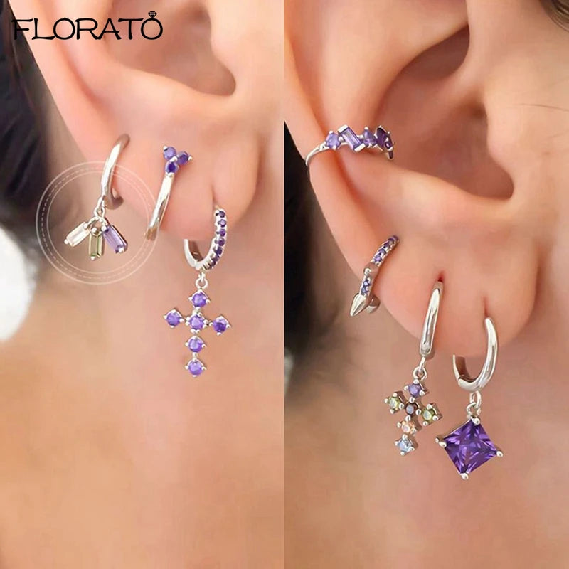 Sterling Silver Hoop Earrings for Women Small Elegant Jewelry with Purple Variant