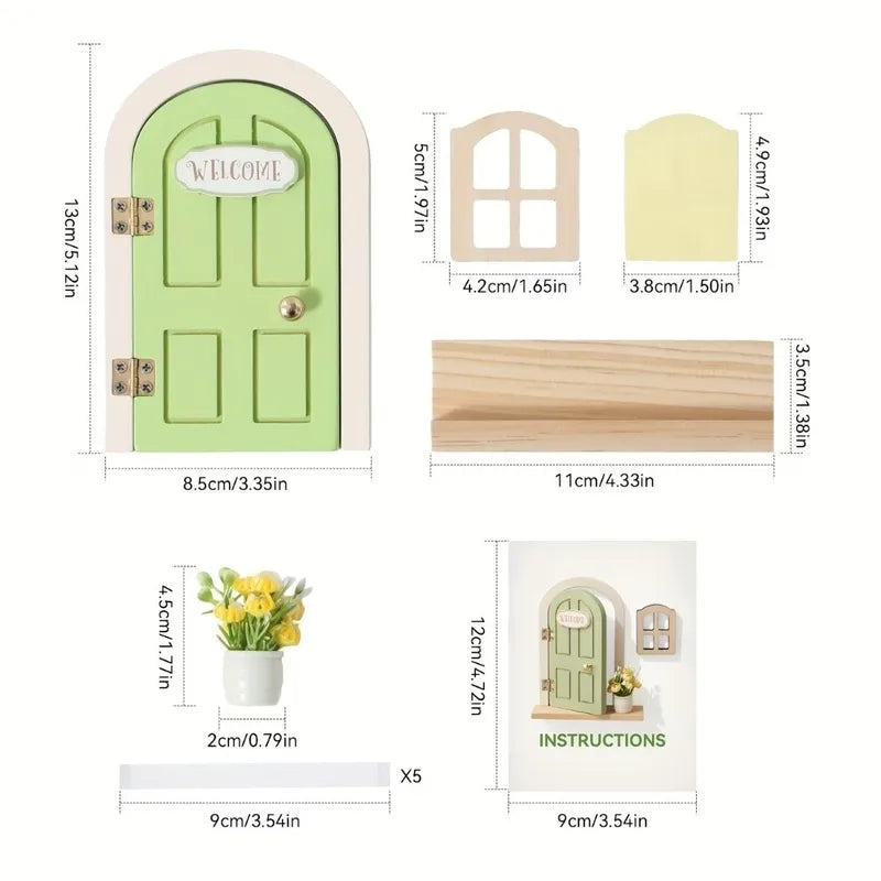 Wooden Fairy Elf Door Set for Fairy Garden and Nursery Decor - Glow in The Dark Window Dollhouse Accessories
