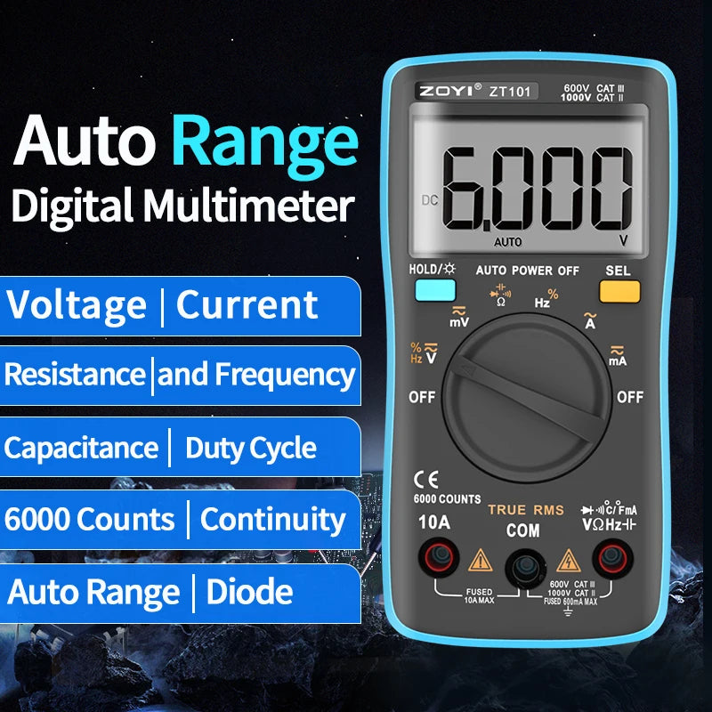 Digital Multimeter with Auto-Ranging & Anti-Burn Protection for Electrical Repair - Model ZT-101