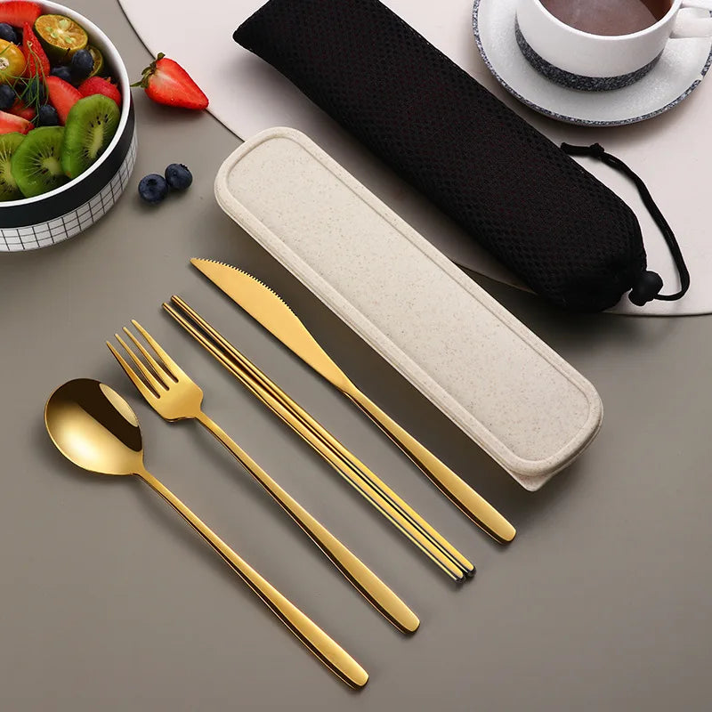 Portable Stainless Steel Flatware Set with Box - Travel Cutlery Dinnerware Kit