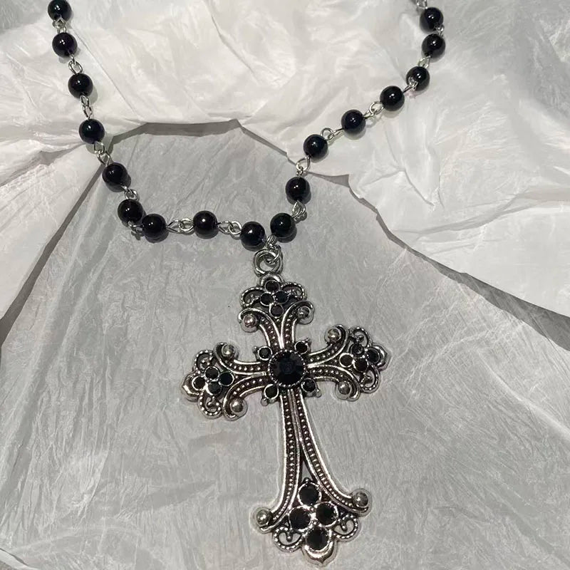 Gothic Bat Cross Pendant Necklace Y2K Personalized Black Bead Stacked Jewelry