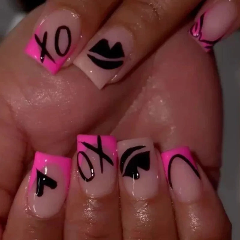 24Pcs Short Square Fake Nails for Menicure - Press On Nail Set with Pink Love Heart Print