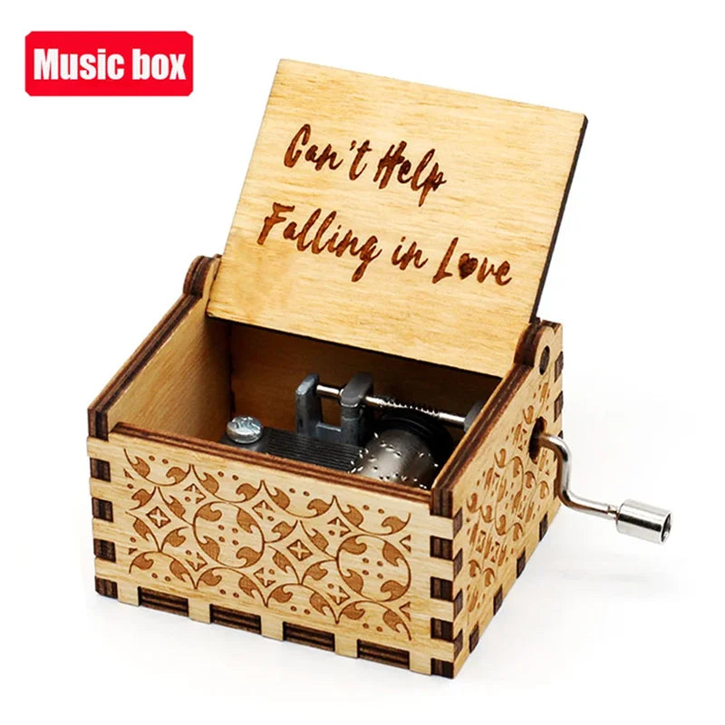 Antique Carved Wooden Music Box Halloween Christmas Gift Hand Crank Decor