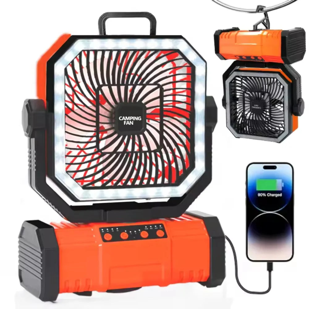 Portable 20000mAh Camping Fan with LED Light and USB Power Bank - Outdoor Tent Fan with 270° Adjustable Wind Speeds and Timer