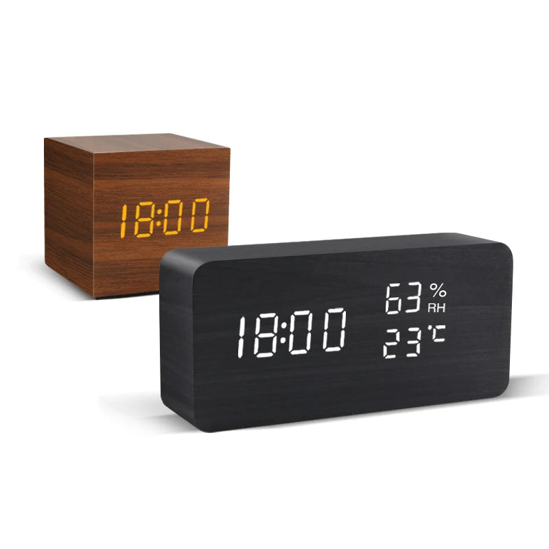 Wooden LED Alarm Clock with Voice Control and Digital Display - USB & Battery Powered