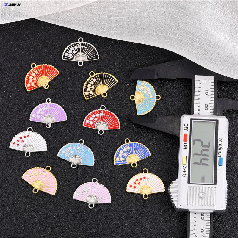 15pcs Enamel Fan Charms Connectors Sakura Pattern Jewelry Making Pendants