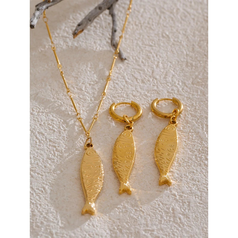Ocean Fish Pendant Necklace & Earrings Jewelry Set - Stainless Steel, Gold PVD Plated