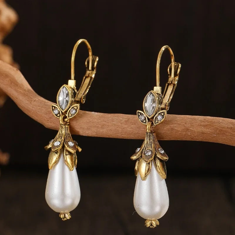 Vintage Water Droplet Pearl Earrings Ethnic Gold Carved Flower Dangle Jewelry for Women