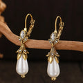 Vintage Water Droplet Pearl Earrings Ethnic Gold Carved Flower Dangle Jewelry for Women