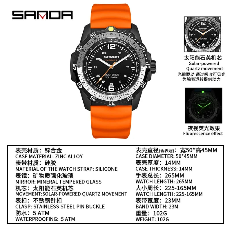 Luxury Men's Solar-Powered Watch with Luminous Hands Waterproof Sport Wristwatch